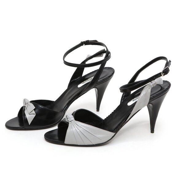 Vintage Cristin Leather Black Grey Two-Tone Ankle Strap Peep-Toe Sandals Pumps - Picture 2 of 14